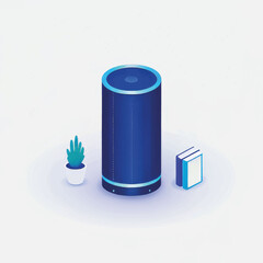 Smart speaker with plant and book on minimalist background  