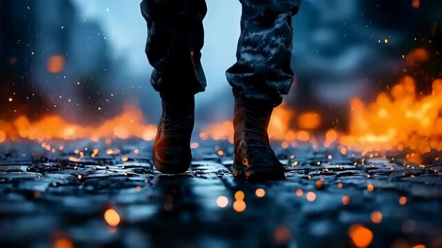 Soldier's boots amidst flames and rain. Dramatic wartime scene for Memorial Day or Veterans Day. Military conflict concept for documentary or game.