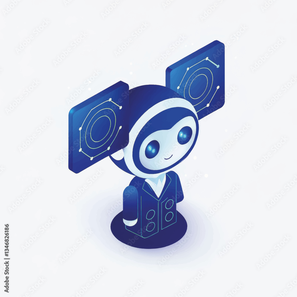 Poster friendly robot character displaying data elements