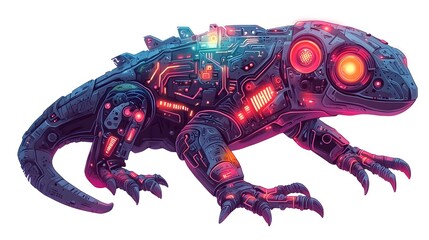 Fototapeta premium Futuristic Robotic Cyborg Reptile Monster with Luminous Neon Armor and Circuitry
