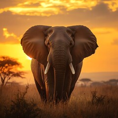Obraz premium A majestic African elephant stands majestically in the golden light of a breathtaking sunset du a memorable African safari adventure showcasing its immense power and beauty in
