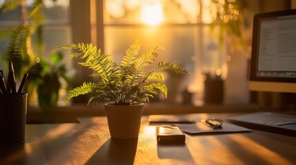 Serene Home Office with Fern Plant and Soft Sunset Light in Background BRIGHTENING UP THE WORKSPACE