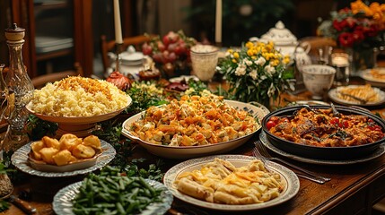 Festive Dining Table with Assorted Dishes and Colorful Decorations for an Elegant Gathering