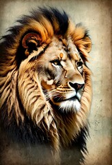 Fototapeta premium A majestic lion with a mane is depicted in a portrait-like style.