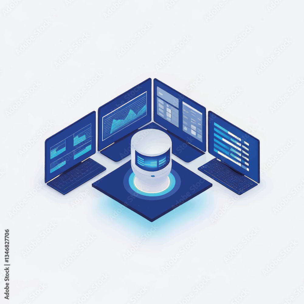 Poster Data server surrounded by multiple screens displaying analytics  