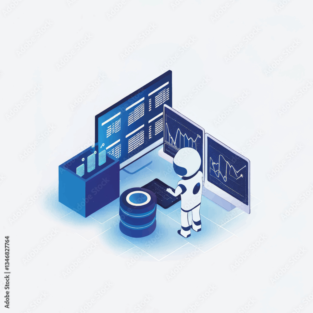 Poster robot analyzing data on multiple screens in a modern workspace