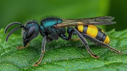 Fototapeta premium Close-up of a colorful wasp on a leaf
