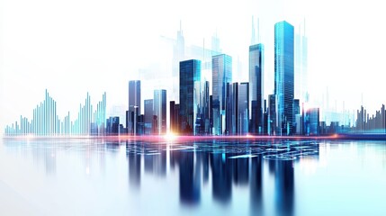 Fototapeta premium A futuristic city skyline with reflective surfaces and vibrant lights, showcasing modern architecture and digital elements.