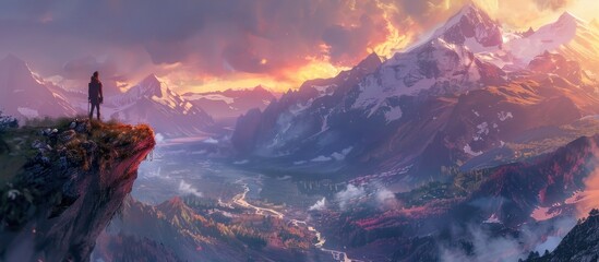 Contemplative Figure on Mountain Cliff at Sunset