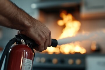 A focused individual aims a fire extinguisher at flames erupting on a stove, showcasing the crucial role of safety measures in kitchens for protecting lives and property.