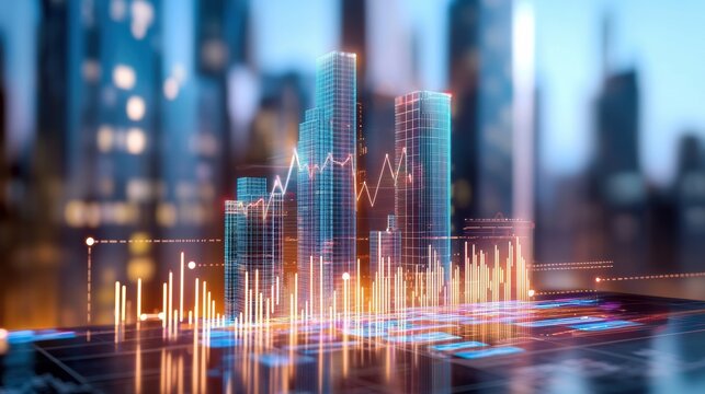 A vibrant digital representation of a city skyline with animated graphs overlaying skyscrapers, symbolizing growth and technology. - Powered by Adobe
