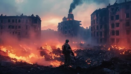 Soldier silhouette amid burning city ruins at sunset. Devastation of war concept. Remembrance Day, Veterans Day, anti-war campaign visual