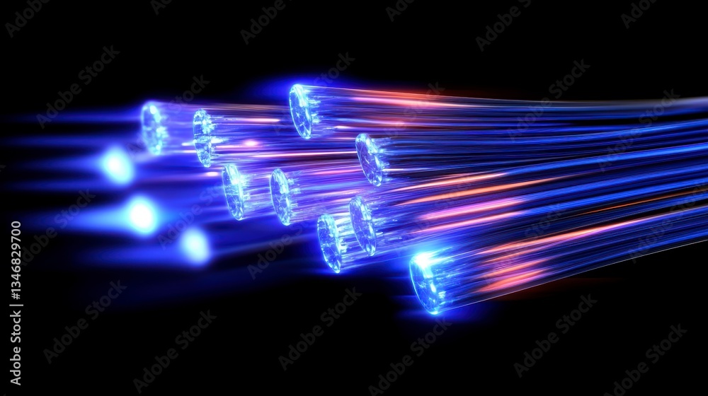 Poster glowing fiber optic cables transmitting data at high speed in dark background.