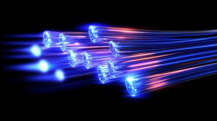 Glowing fiber optic cables transmitting data at high speed in dark background.