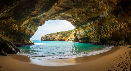 神秘的な洞窟からの美しい海景 穏やかな光と透き通る水