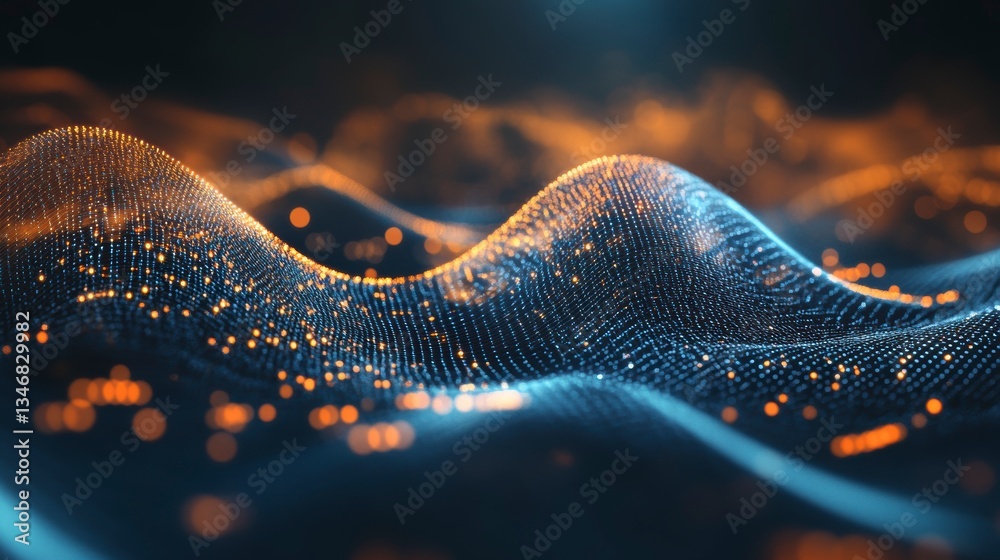Poster Abstract glowing wave of particles, digital data flow, technology background.