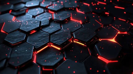 Obraz premium Abstract futuristic hexagonal pattern with glowing red lines.