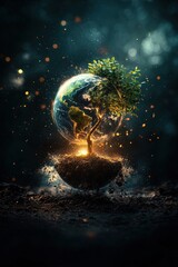 Earth Globe with Tree Growing from Soil in Magical Environment