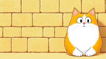 Cute Cartoon Cat Sitting Against a Yellow Brick Wall with Expression of Curiosity