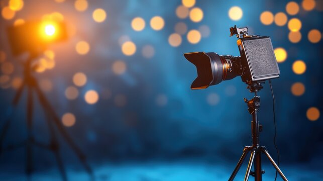 Professional DSLR Camera on Tripod with Large Lens and External Flash Set Against a Bokeh Backdrop of Warm and Cool-toned Lights Evening Scene