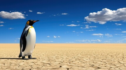 Obraz premium King Penguin in a Desert Landscape Under a Bright Blue Sky