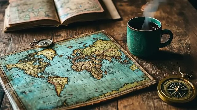 A World of Adventure Awaits: Vintage Map, Compass, and a Warm Drink