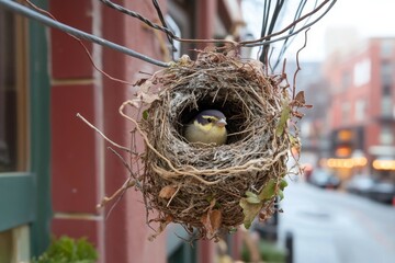 Naklejka premium Urban Nest Among Wires, Nesting birds