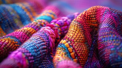 Close-up vibrant colorful woven fabric folds
