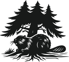 Beaver resting under a tree and tail flicking vector silhouette
