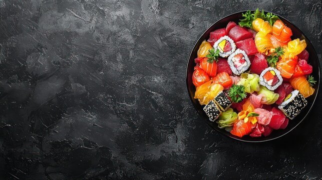 Gourmet sushi and sashimi bowl arrangement over a textured dark background culinary excellence food photography