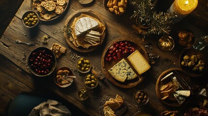 Cozy gathering with artisanal cheese crackers olives and cherries arranged on a rustic wooden table