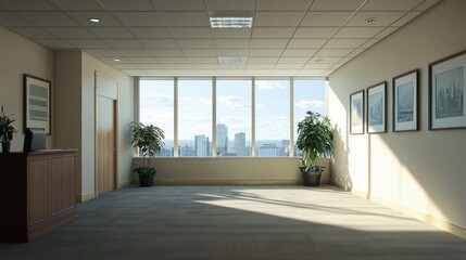 Fototapeta premium Bright Office Interior with City View Potted Plants and Artwork Providing Modern Workplace Perspective
