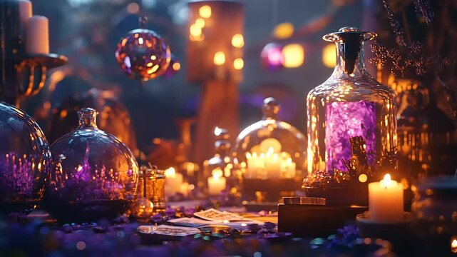 Enchanted tabletop scene with glowing glass jars, candles, and vibrant decorations in a mystical setting