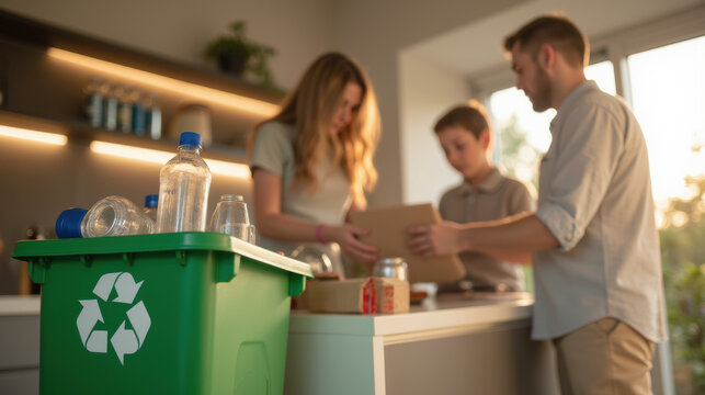 Recycling bin in kitchen with family sorting waste, promoting sustainability