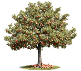 A highly detailed, realistic apple tree with lush green leaves, strong brown branches, and bright red apples hanging and few on the ground, isolated on a transparent