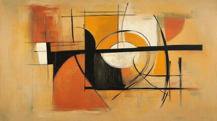 Abstract composition featuring geometric shapes and vibrant colors on a textured background