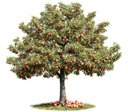 A highly detailed, realistic apple tree with lush green leaves, strong brown branches, and bright red apples hanging and few on the ground, isolated on a transparent