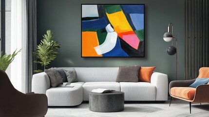 Abstract colorful painting displayed in a modern living room with stylish furniture and decorative plants