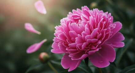 Fototapeta premium A lush pink peony in full bloom, with layers of delicate petals forming a stunning, intricate shape. The background is softly blurred, creating a romantic and elegant floral composition.