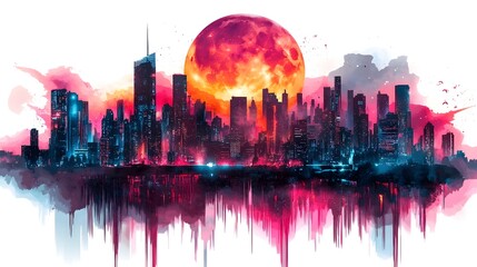 Fototapeta premium Dazzling Nighttime Cityscape with Luminous Skyscrapers and Vibrant Reflections on the Water