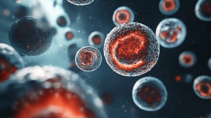 Blood, plasma and immune concept. Microscopic view of cells in a colorful abstract design.