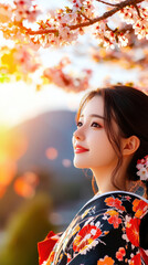 young woman in traditional kimono stands beneath blooming cherry blossoms, basking in warm glow of sunset. Her serene expression reflects joy and tranquility in this beautiful moment