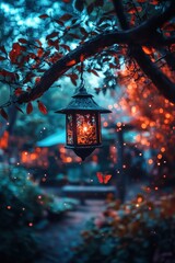 A beautifully lit lantern hangs from a tree, surrounded by vibrant foliage and soft, glowing lights, creating a magical atmosphere with a butterfly nearby.
