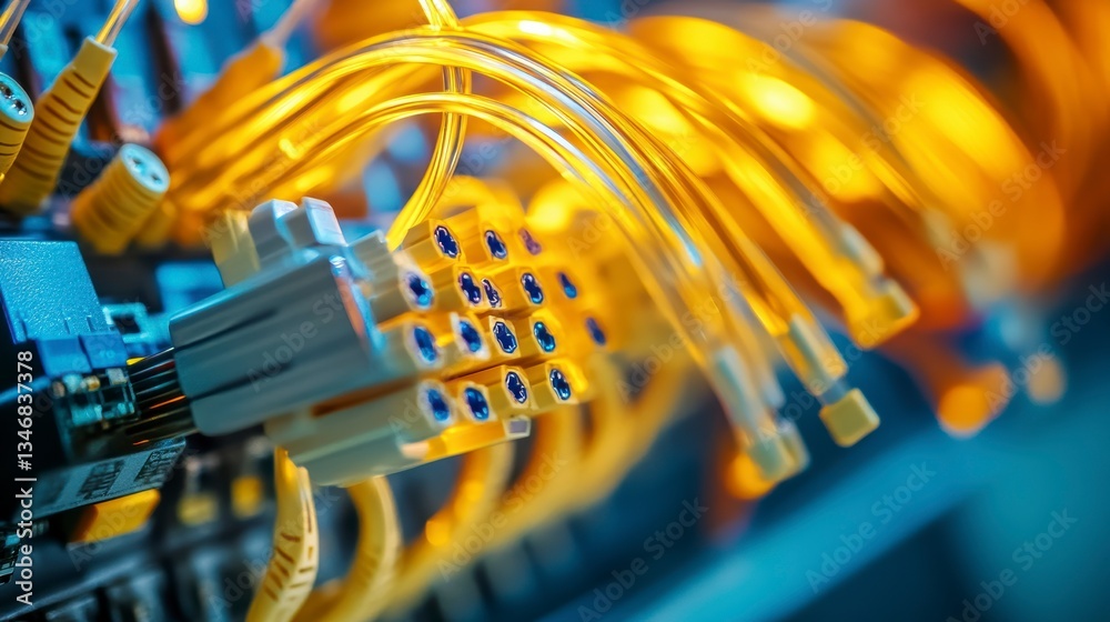 Poster close-up of fiber optic cables connected to a network device.