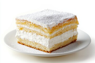 Delicious vanilla slice cake on a white plate layered with whipped cream and icing sugar sweet dessert