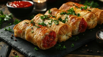 Close up of Delicious Cigara Borek rolls filled with Red Sauce on Slate Plate perfect for gastronomy blogs