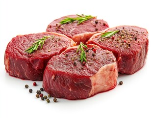 Fresh Raw Beef Steaks Seasoned with Pepper and Rosemary on White