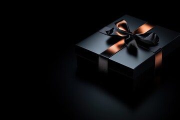 A sleek black gift box with an elegant ribbon sits against a dark background, creating a sense of mystery and anticipation.