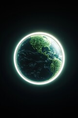 Glowing Earth Surrounded by Neon Ring against Black Background
