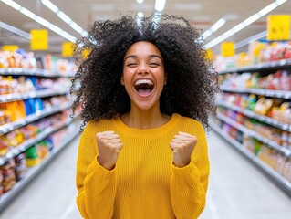 Happy Woman Celebrates in Grocery Store Aisle